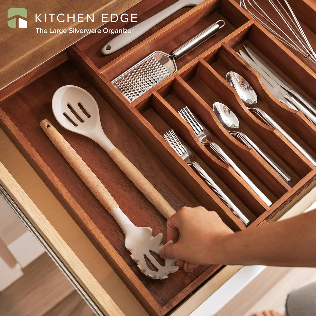 KitchenEdge Premium Silverware, Flatware and Utensil Organizer for Kitchen Drawers, Food-Safe