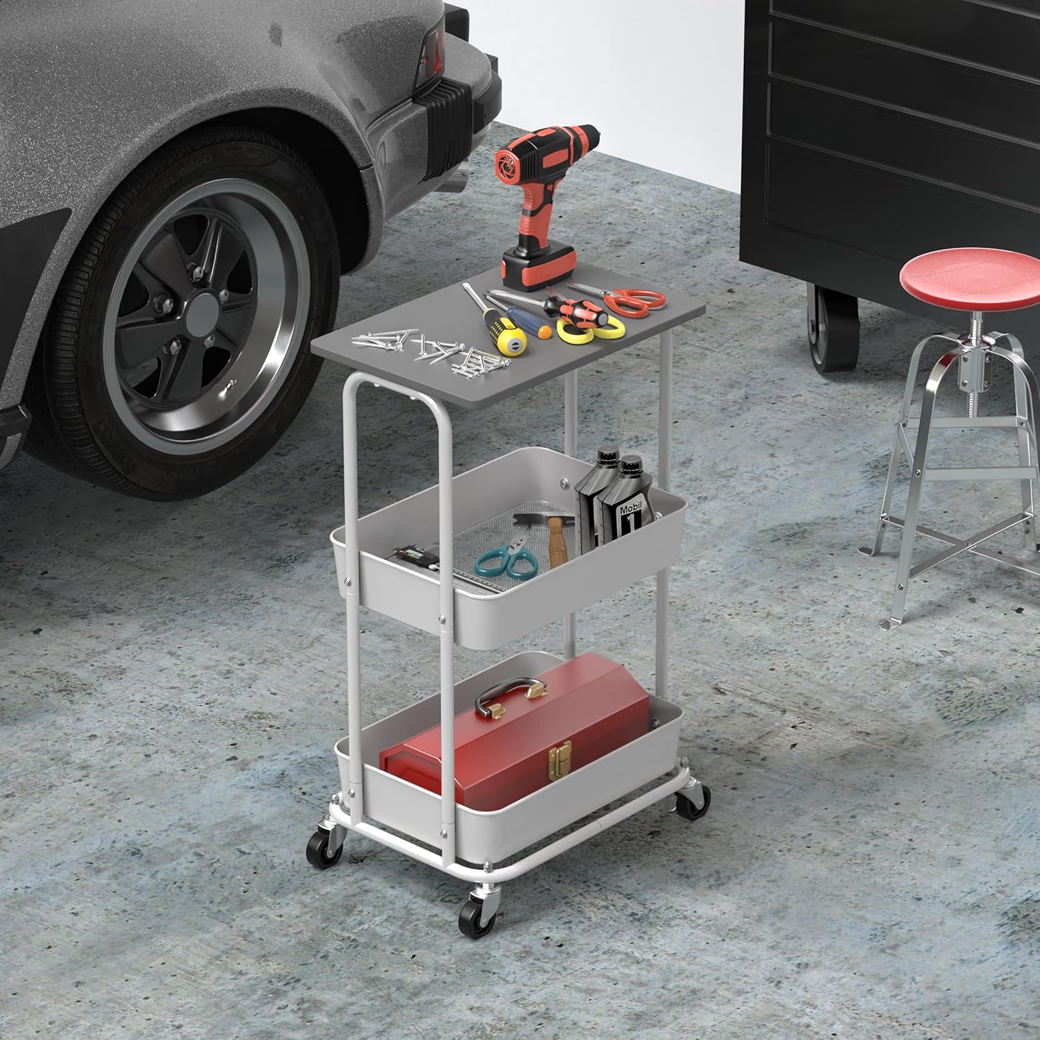 Simple Houseware 2-Tier Rolling Utility Cart with Lockable Wheels and Wood Top, Metal Storage