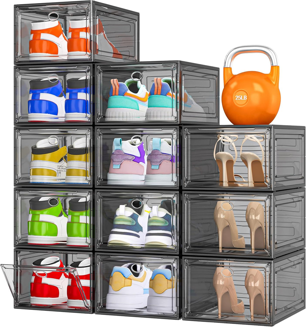 12 Pack Clear Shoe Storage Organizer with Magnetic Door, Stackable Plastic Shoe Boxes for Sneakers