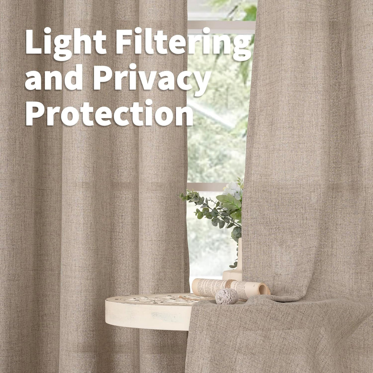 YoungsTex Dark Oatmeal Linen Curtains 63 Inch Length for Living Room, Light Filtering Semi Sheer