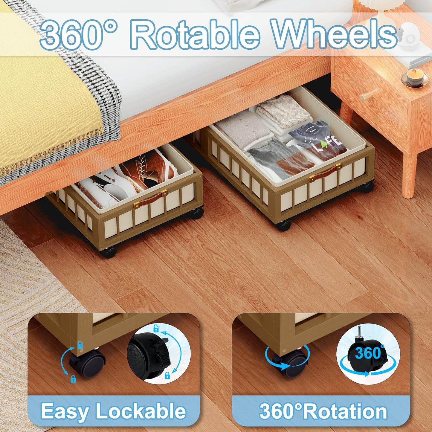 efluky 2-Pack Bamboo Under Bed Storage with Wheels, Rolling UnderBed Storage Basket with Large Dust