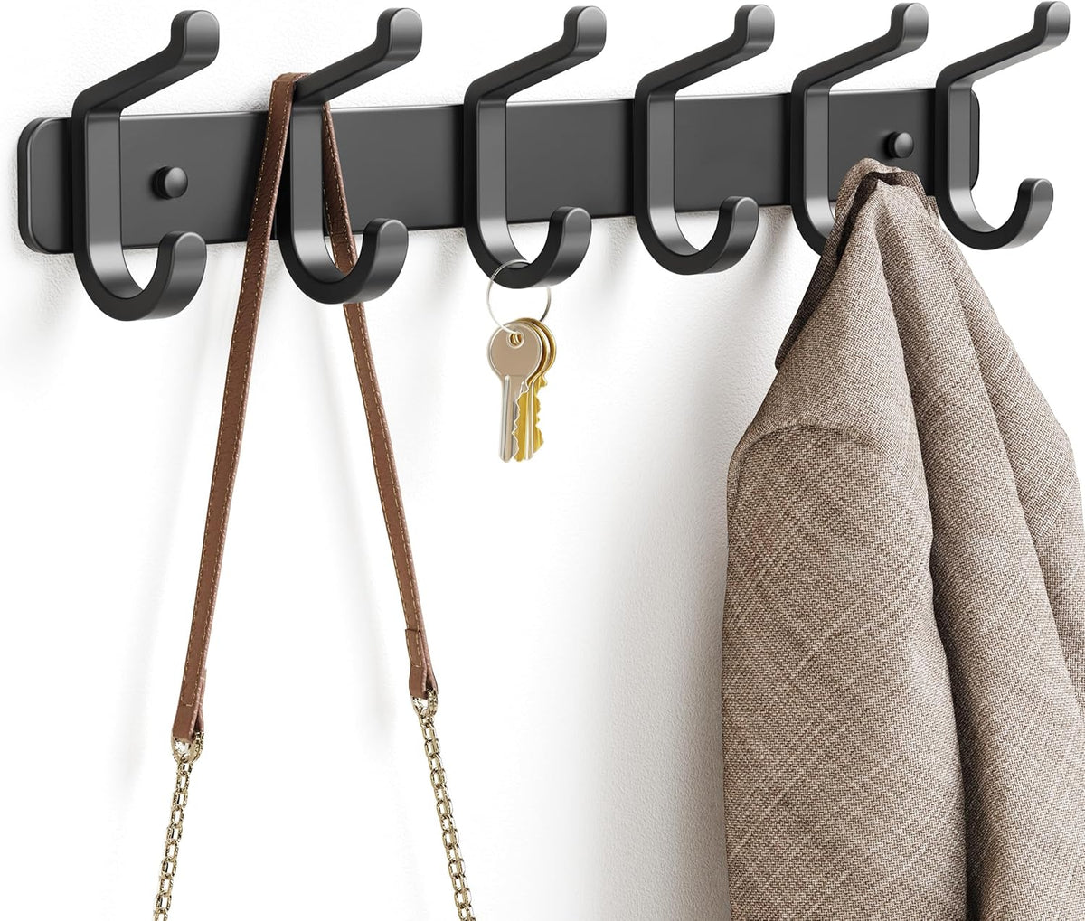 Coat Rack Wall Mounted Heavy-Duty: Metal Coat Hanger 6 Hooks for Hanging Hat, Clothes, Robe, Keys