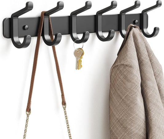 Coat Rack Wall Mounted Heavy-Duty: Metal Coat Hanger 6 Hooks for Hanging Hat, Clothes, Robe, Keys