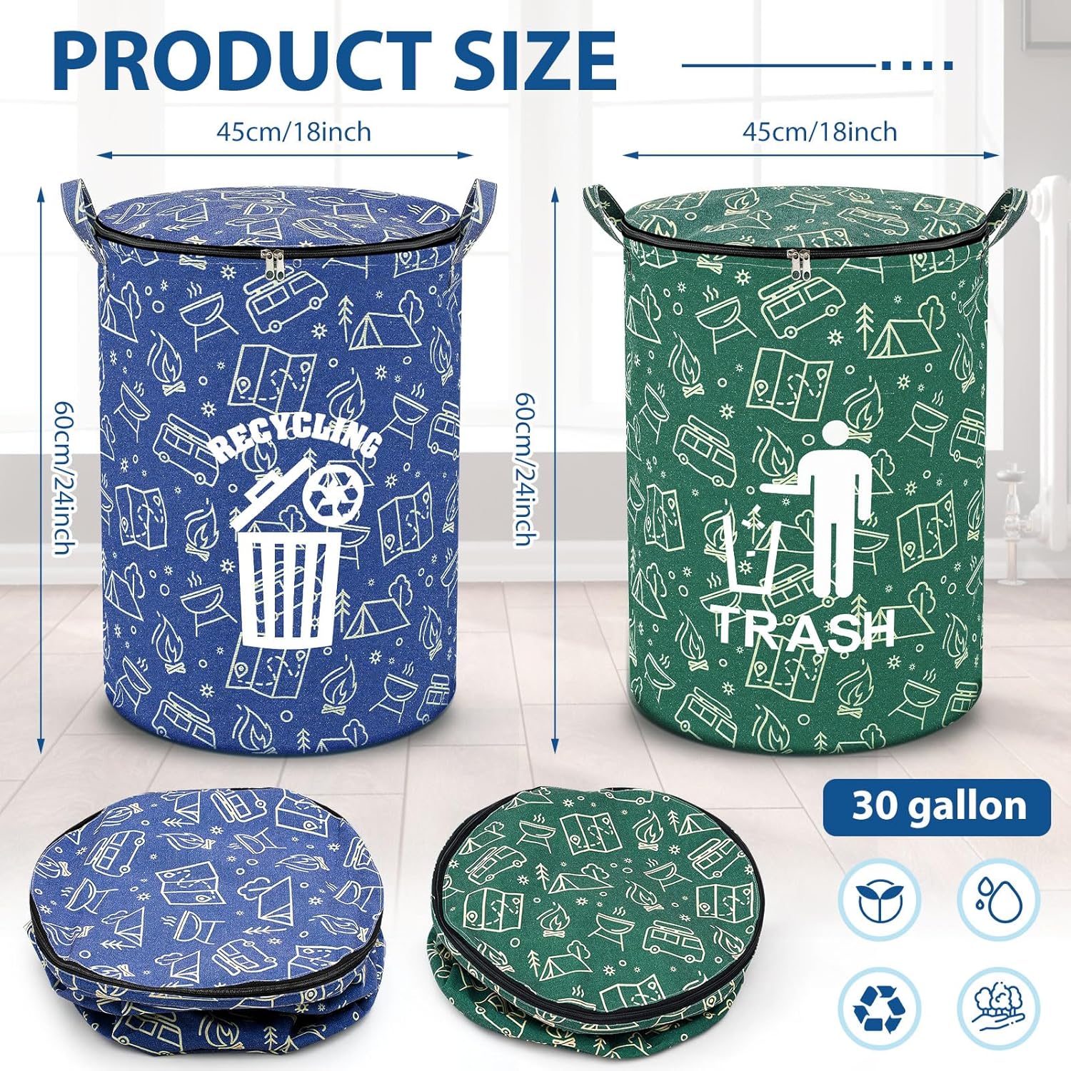 2 Pack Collapsible Trash Can Camping with Zippered Lid Foldable Storage Bin Portable Garbage Can