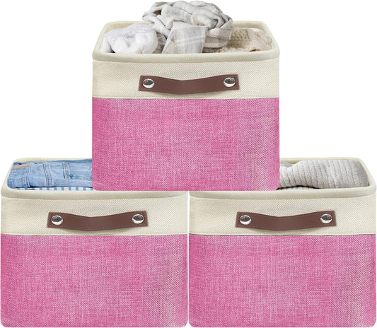 SIMPLE HOUSEWARE Large Fabric Storage Bin, 15" x 11" with Leather Like Handles, 3 Pack, Pink