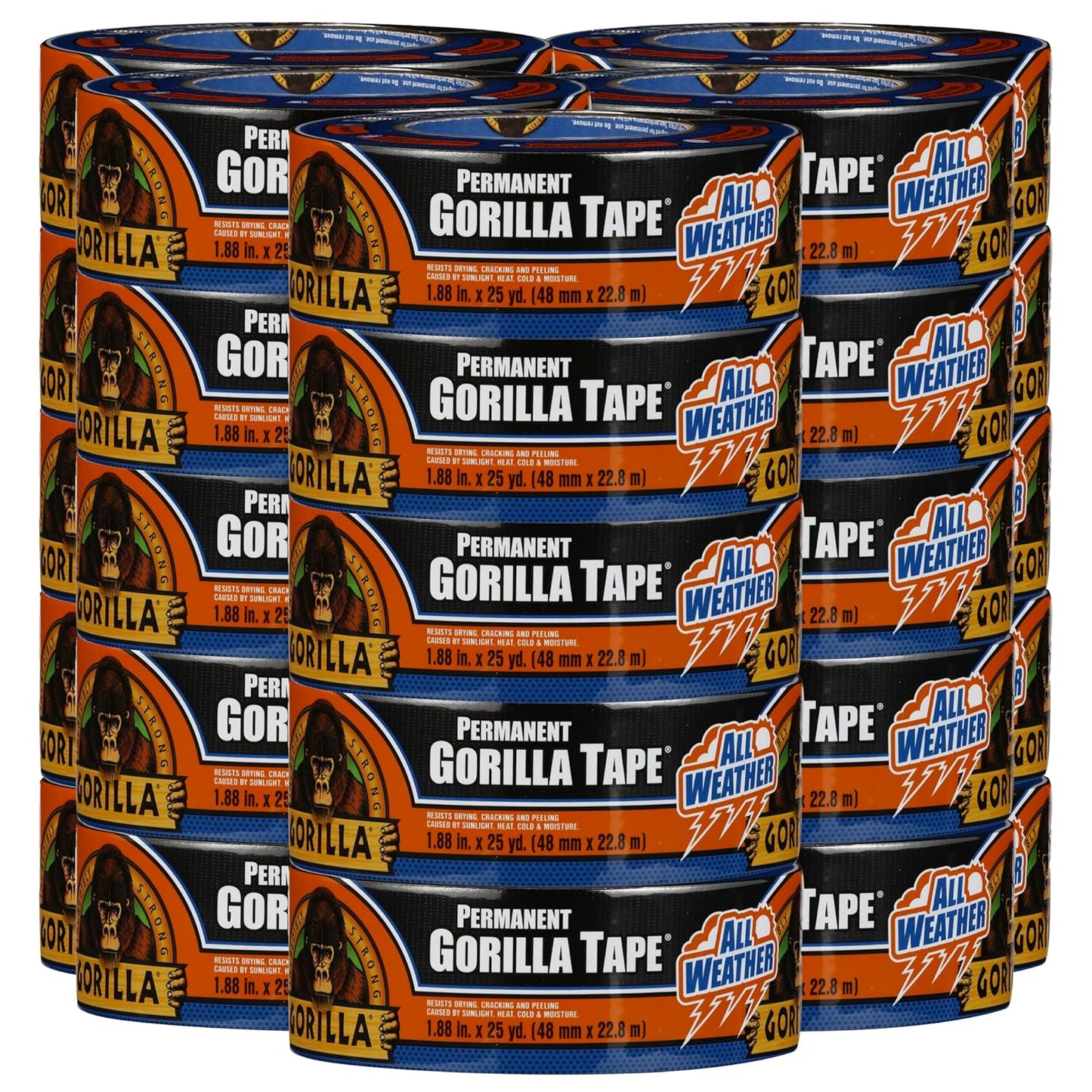 Gorilla All Weather Duct Tape, Black, 1.88" x 25 yd (Pack of 25) - UV and Temperature Resistant