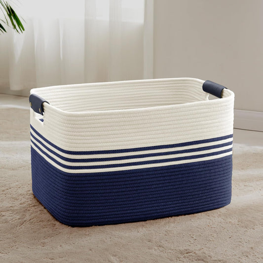 72L Large Laundry Basket with Leather Handles for Living Room Storage, Woven Rope Baskets Bin for