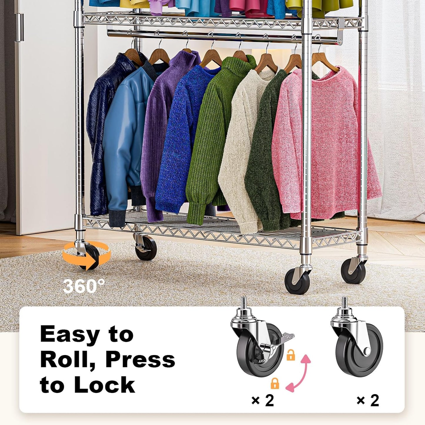 Heavy Duty Rolling Garment Rack 3 Tiers Adjustable Wire Shelving Clothes Rack with 2 Rods and Side