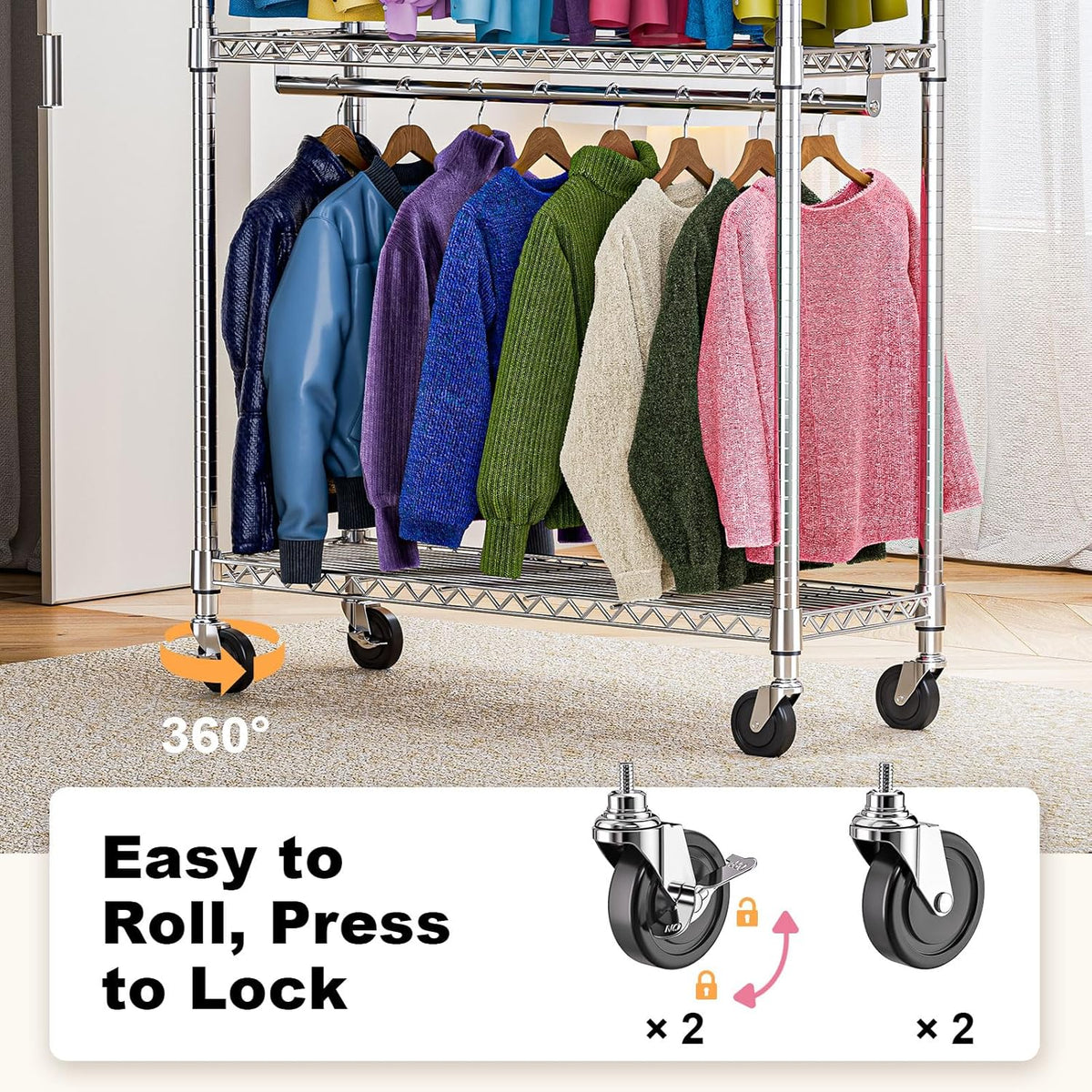 Heavy Duty Rolling Garment Rack 3 Tiers Adjustable Wire Shelving Clothes Rack with 2 Rods and Side
