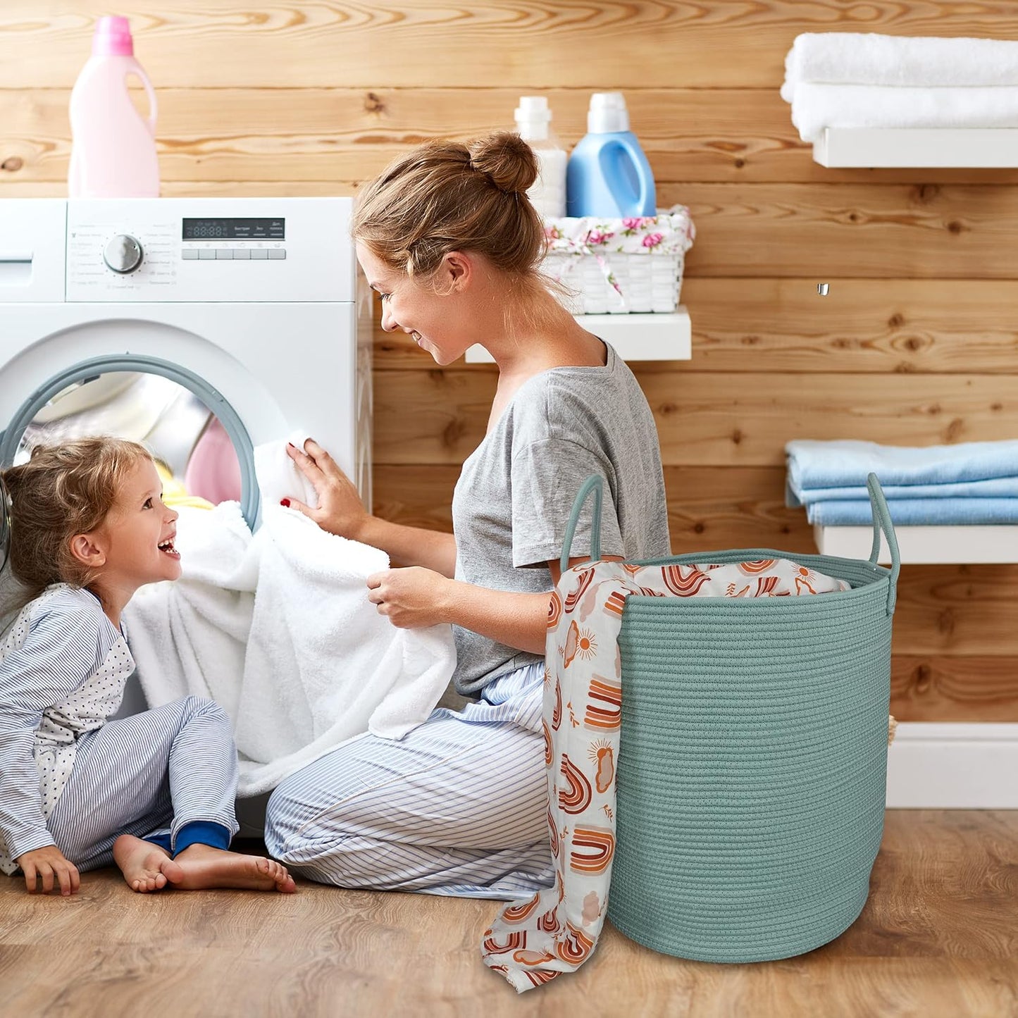 Cotton Rope Laundry Basket Hamper for Clothes Woven Storage Basket for Living Room Bedroom Boho