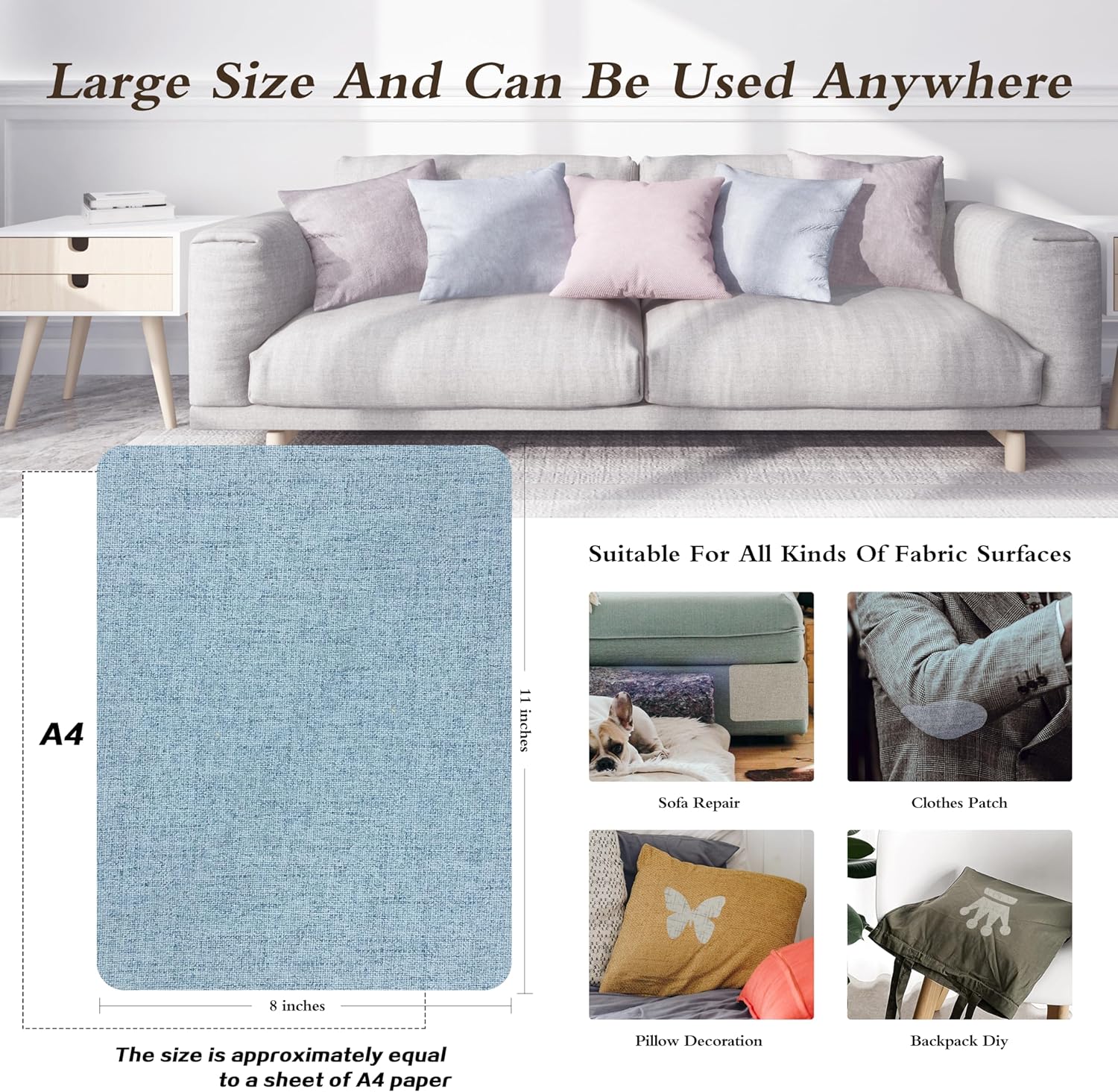 Fine Linen Fabric Patches, Self-Adhesive, 8x11 inch Extra Size, Multi Color, for Sofa and Clothes