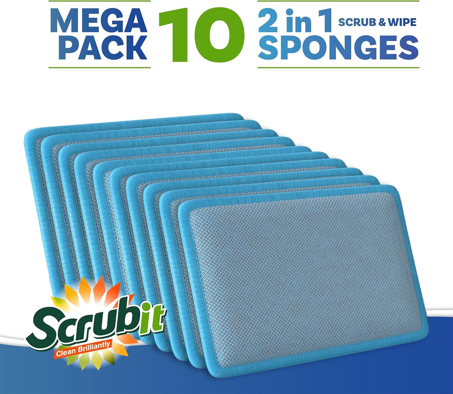 Scrub and Wipe Cleaning Sponges [10 Pack] – SCRUBIT Dual Sided Scouring Pad and Sponge - Reusable