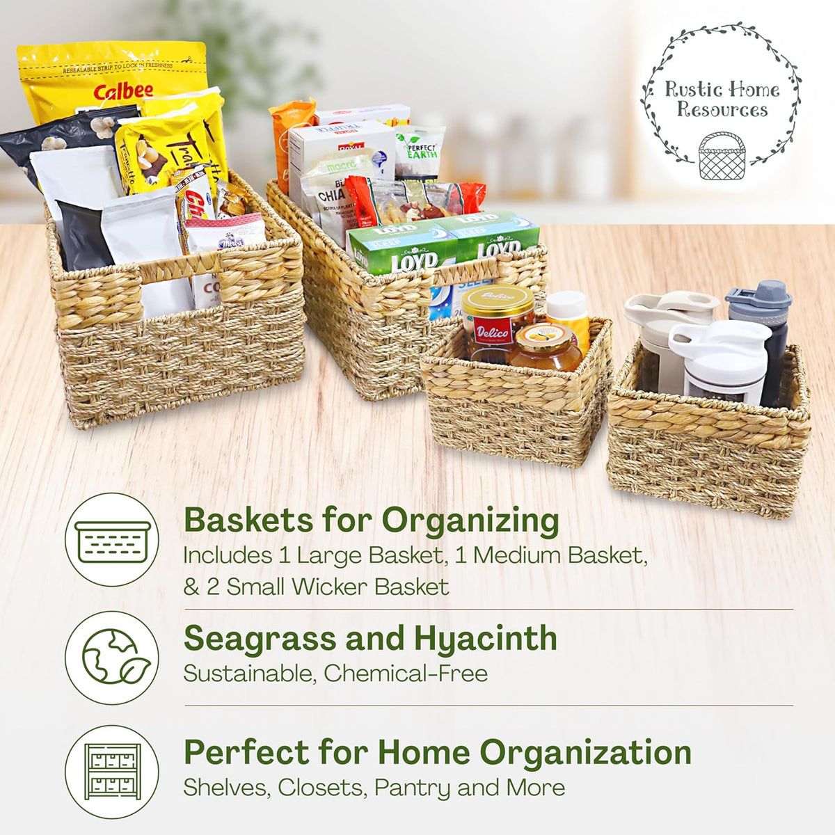 Seagrass and Hyacinth Nesting Wicker Basket, Multi-Size, 4 pack, Natural Woven Storage Baskets for