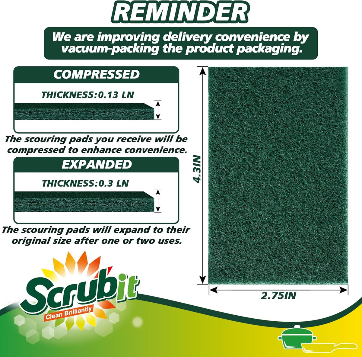SCRUBIT Scouring Pads - Heavy Duty Scrub Pads for Cleaning Dishes - Non-Scratch - Reusable - Green