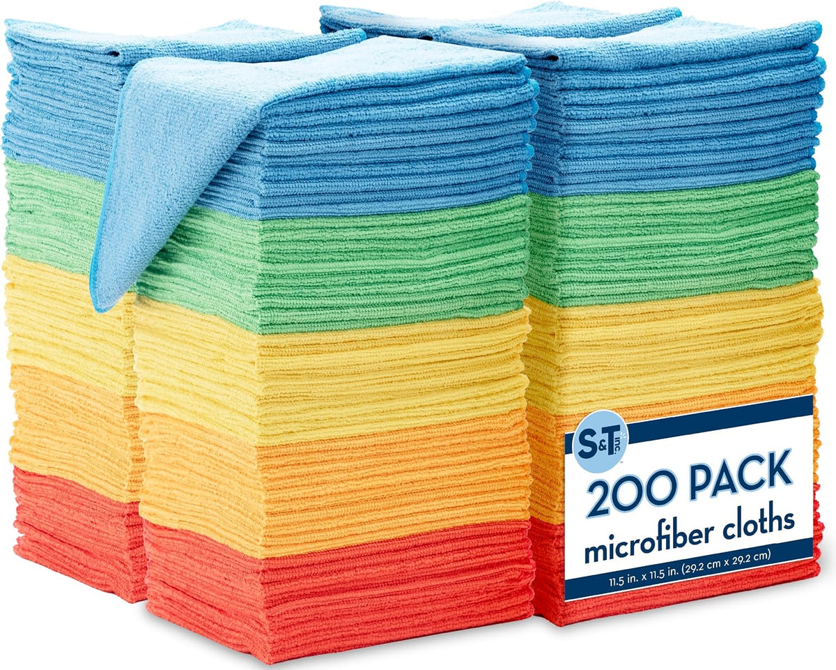 S&T INC. 200 Pack Microfiber Cleaning Cloth, Bulk Towels for Home, Reusable Microfiber Towels for