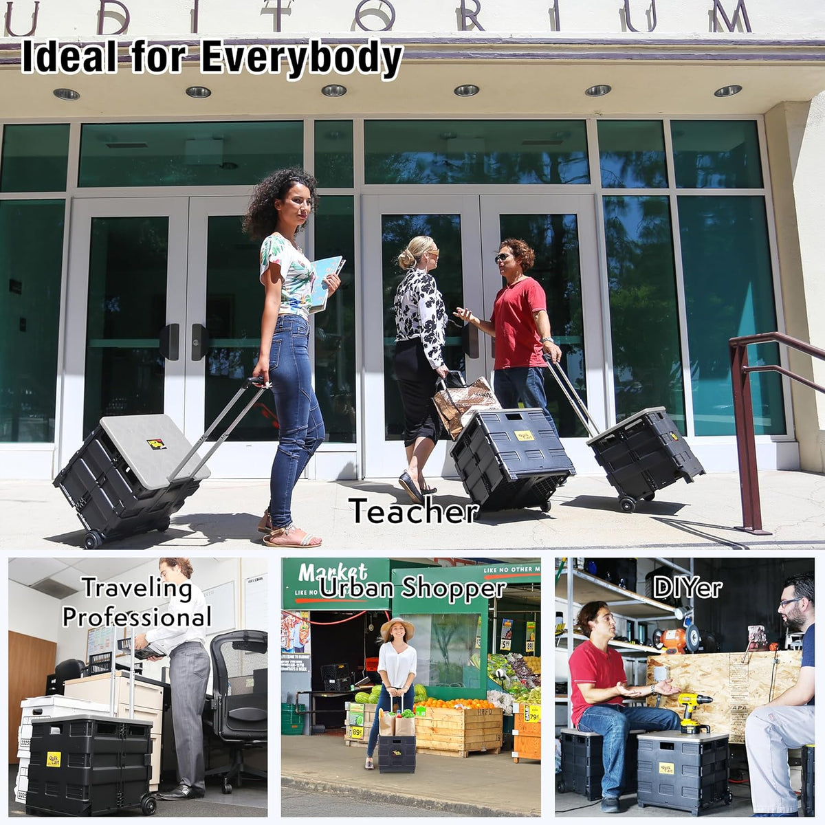 dbest products Quik Cart Collapsible Rolling Crate on Wheels for Teachers Tote Basket 80 lbs