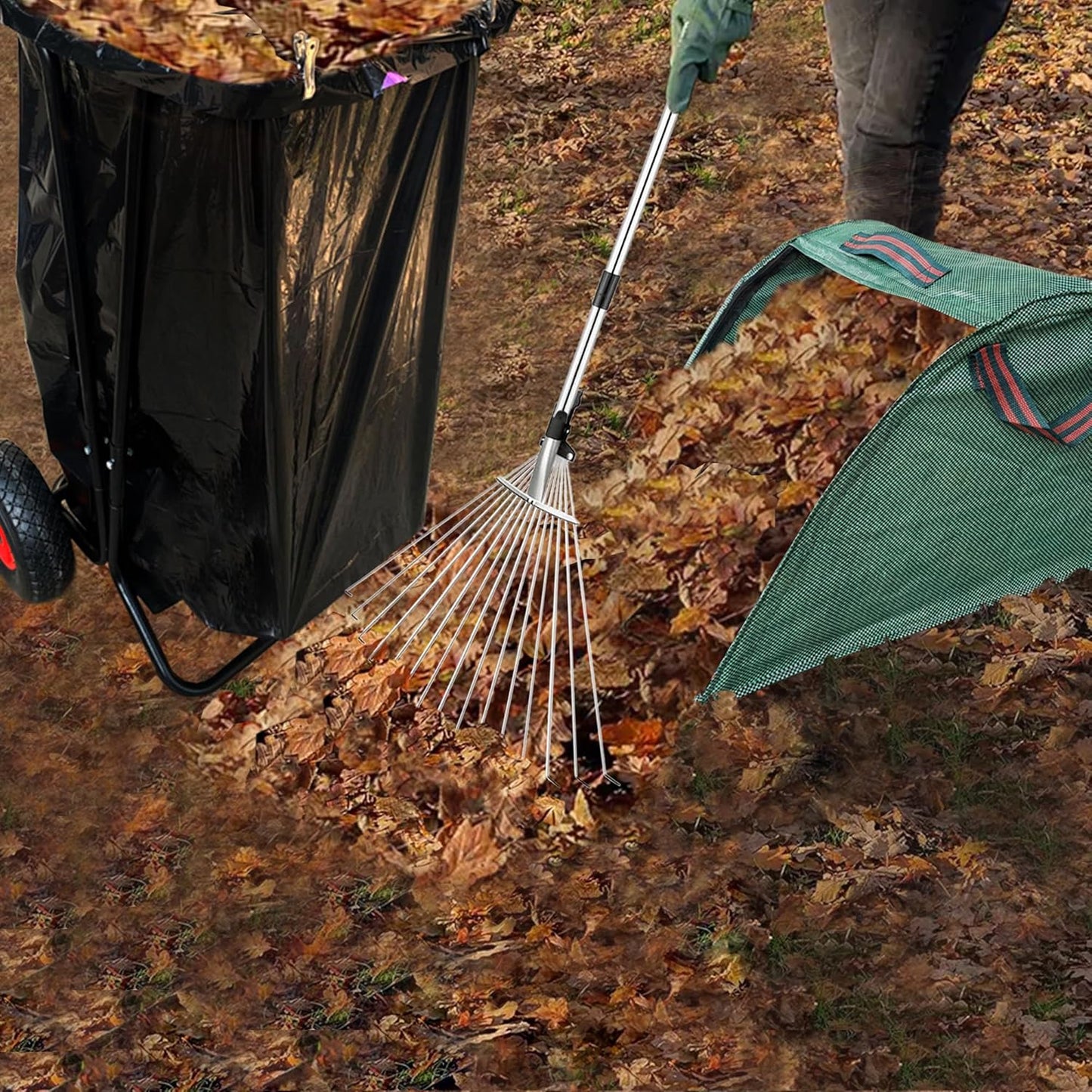 Mobile Trash Bag Holder Outdoor Lawn Leaf Bag Holder with Leaf Chute Metal Rake & 15 Count 39