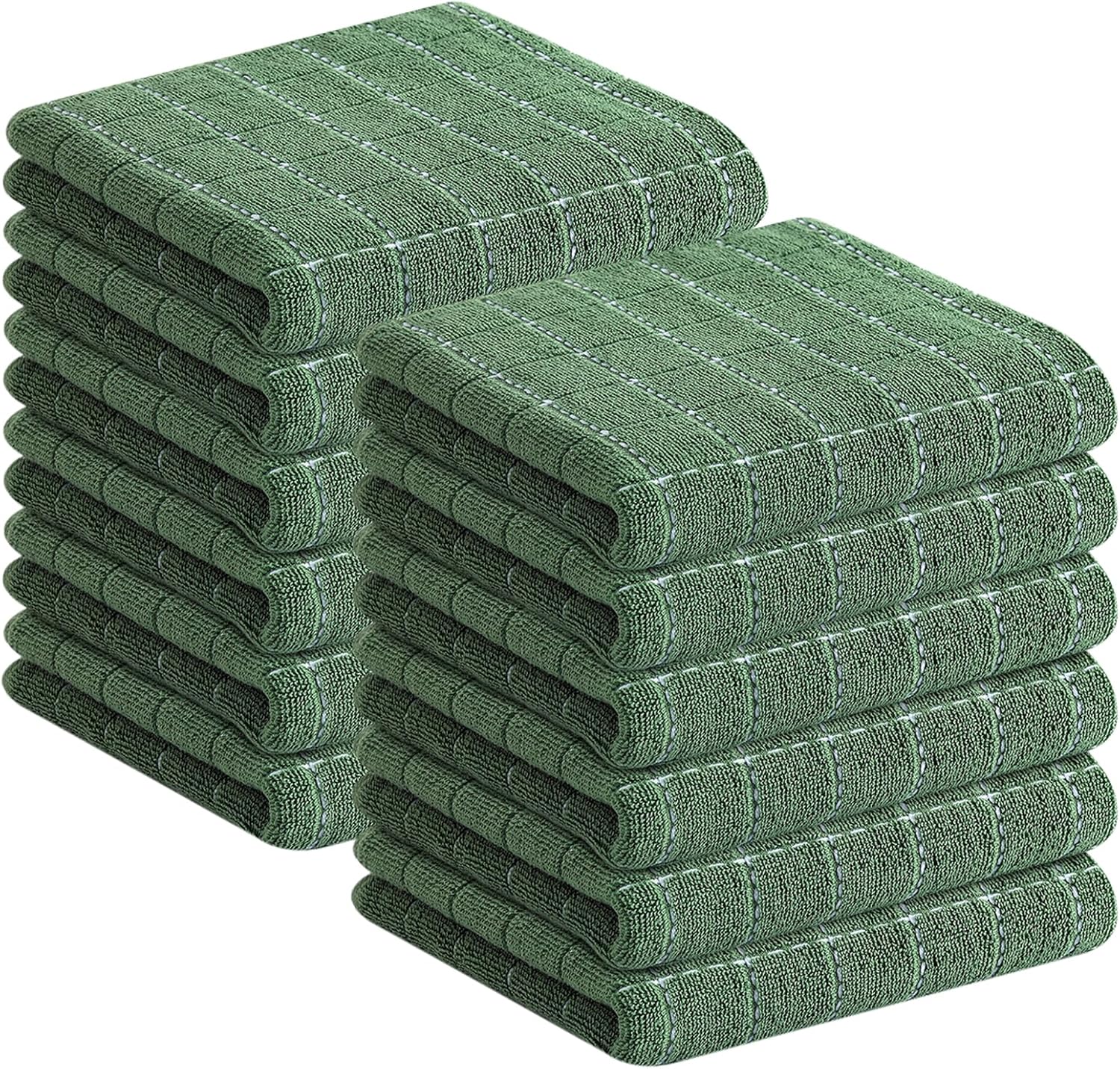 Homaxy 100% Cotton Terry Kitchen Towels(Grass Green, 13 x 28 inches), Checkered Designed, Soft and