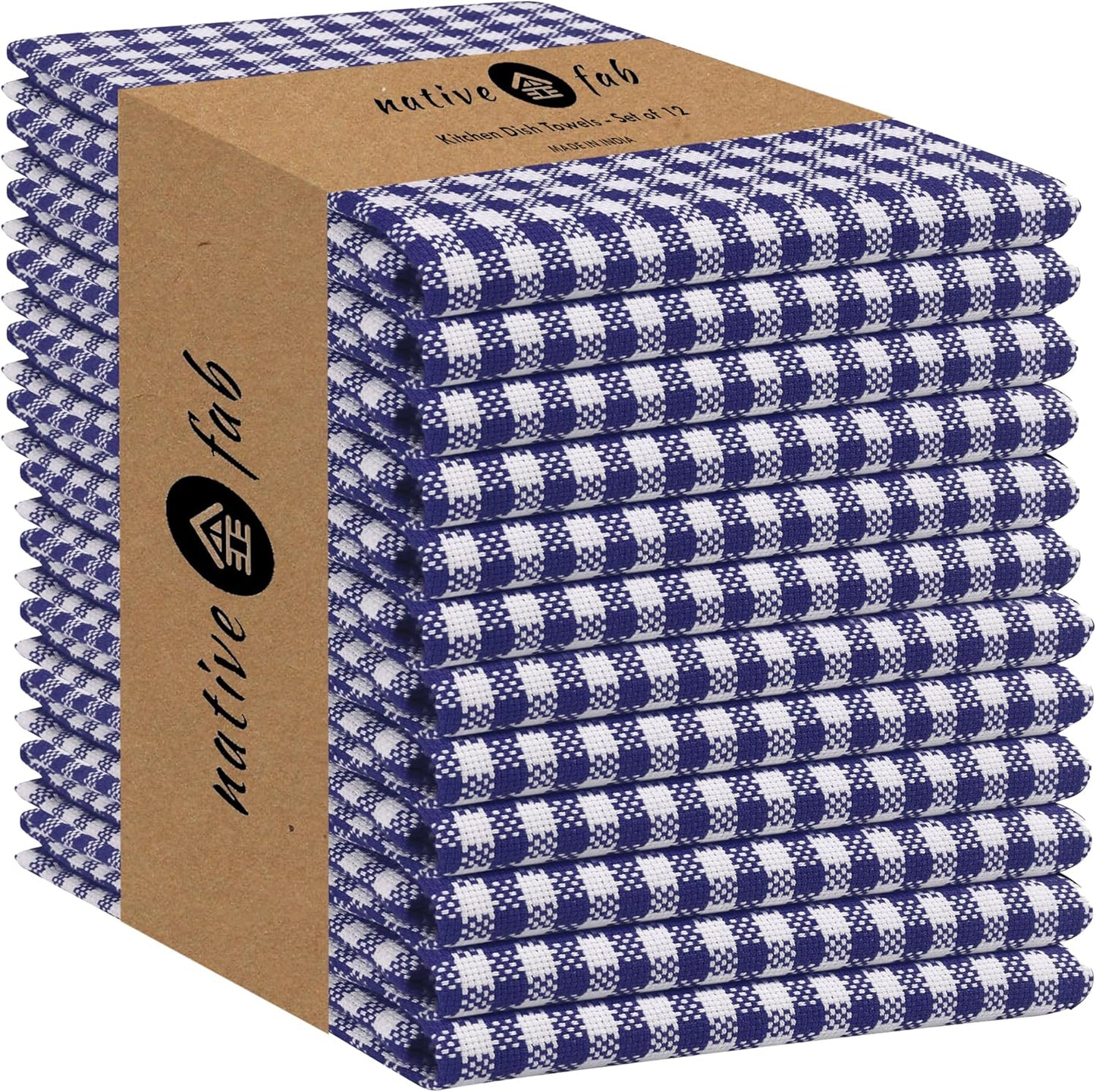 Native Fab 12 Pack Gingham Mini Check Kitchen Dish Towel Cotton Durable Washable 16"x26" - Tea