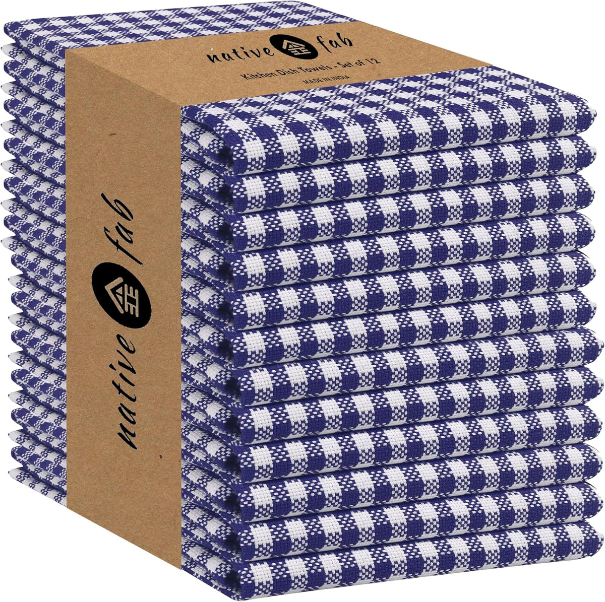 Native Fab 12 Pack Gingham Mini Check Kitchen Dish Towel Cotton Durable Washable 16"x26" - Tea