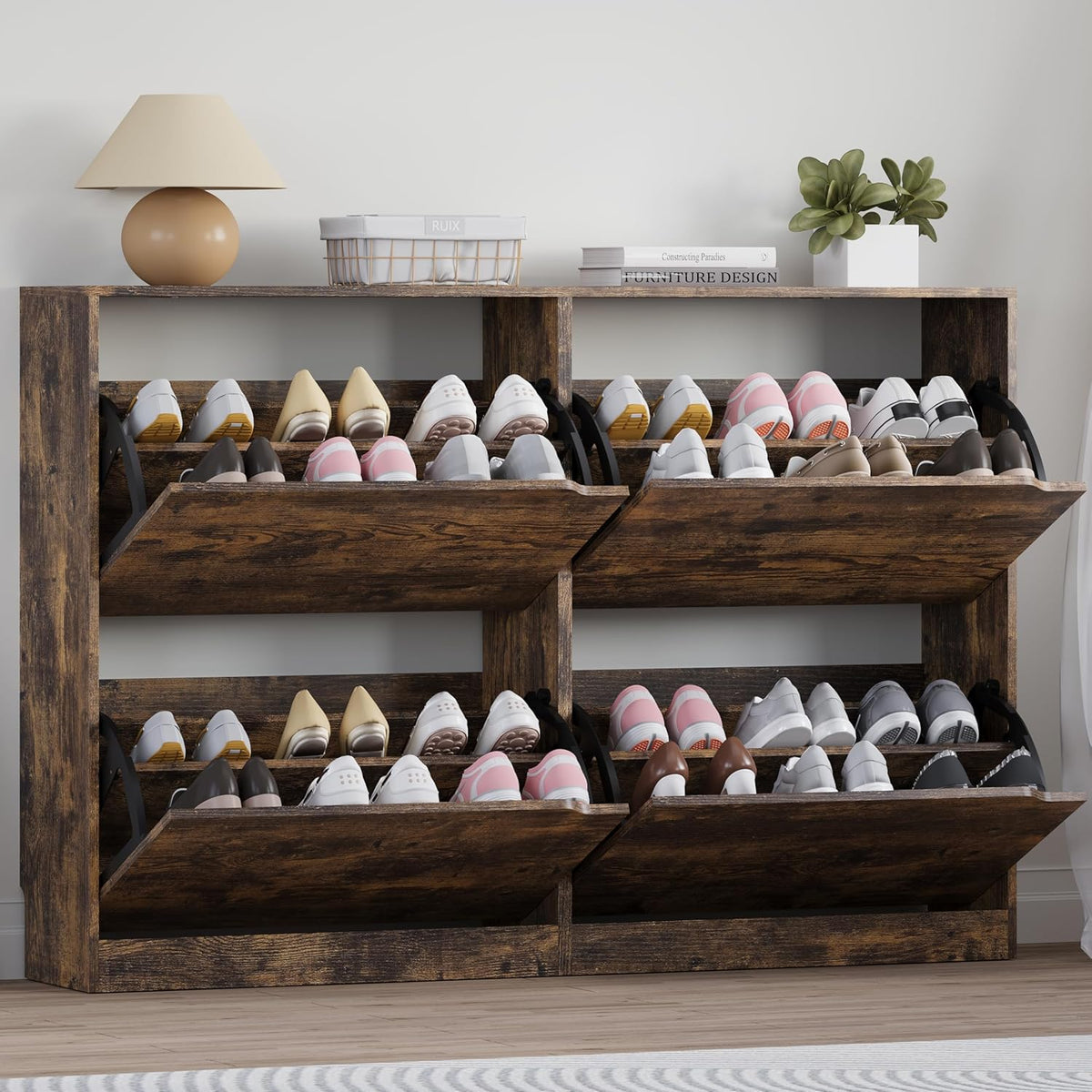 Shoe Cabinet with 4 Flip Drawers, Narrow Hidden Shoe Storage Cabinet, Slim Freestanding Shoe Rack