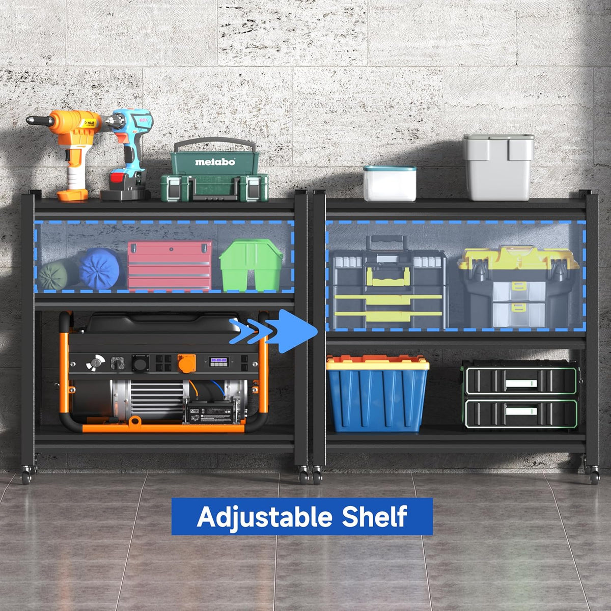 3 Tier Adjustable Garage Storage Shelving,Heavy Duty Utility Rack Shelf Unit on 4 Wheel