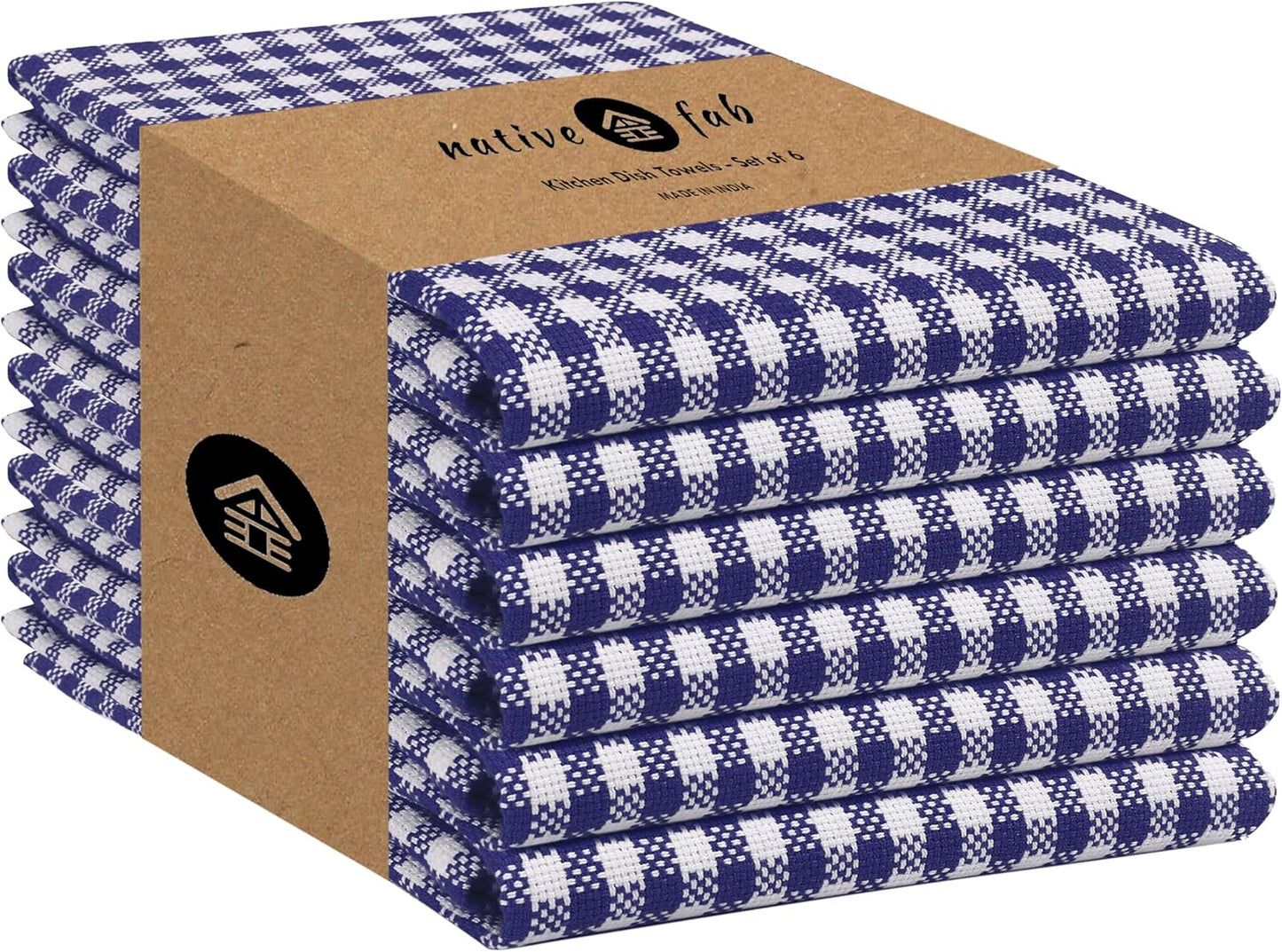 Native Fab 6 Pack Gingham Mini Check Kitchen Hand Towels Set 16"x26" - 100% Cotton Absorbent