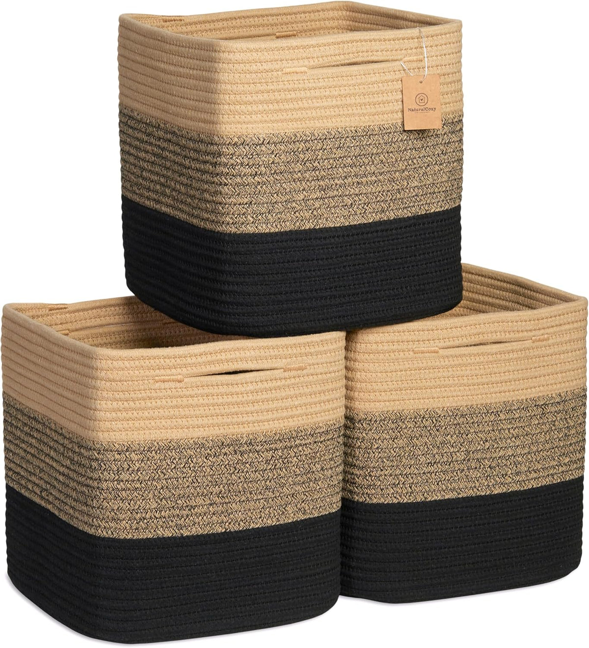 NaturalCozy Storage Cubes 11 Inch Cotton Rope Woven Baskets for Organizing, 3-Pack | Cube Storage