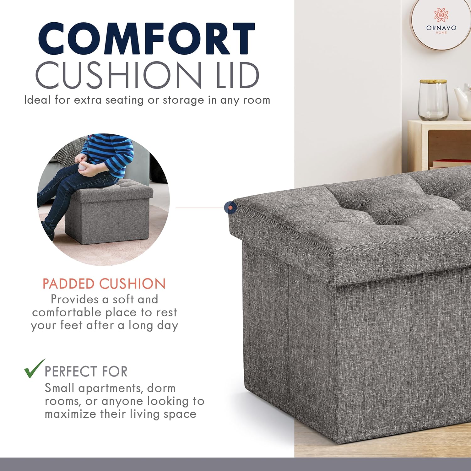 Ornavo Home Small Storage Ottoman Foldable Collapsible Rectangle Linen Ottoman Foot Rest Stool