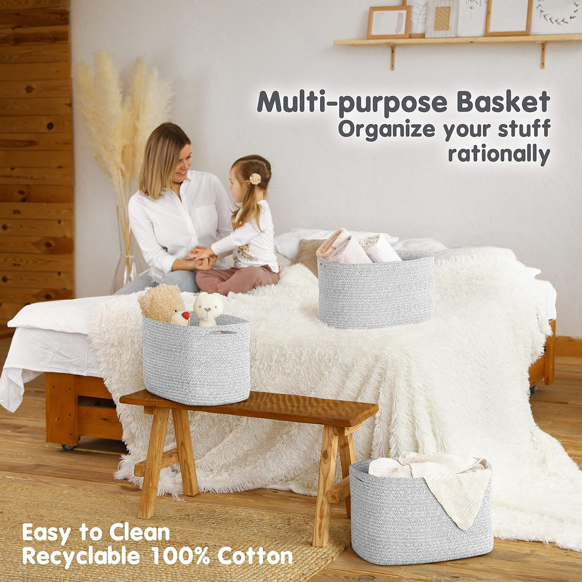 CHAT BLANC Cotton Rope Baskets for Organizing | Storage Baskets for Shelves | Rope Basket for