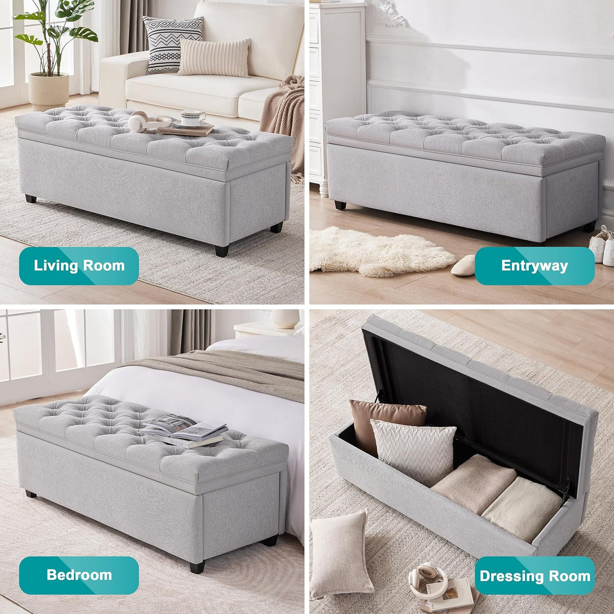 50" Storage Ottoman Bench, Tufted Ottoman with Storage for Living Room, Large End of Bed Ottomans