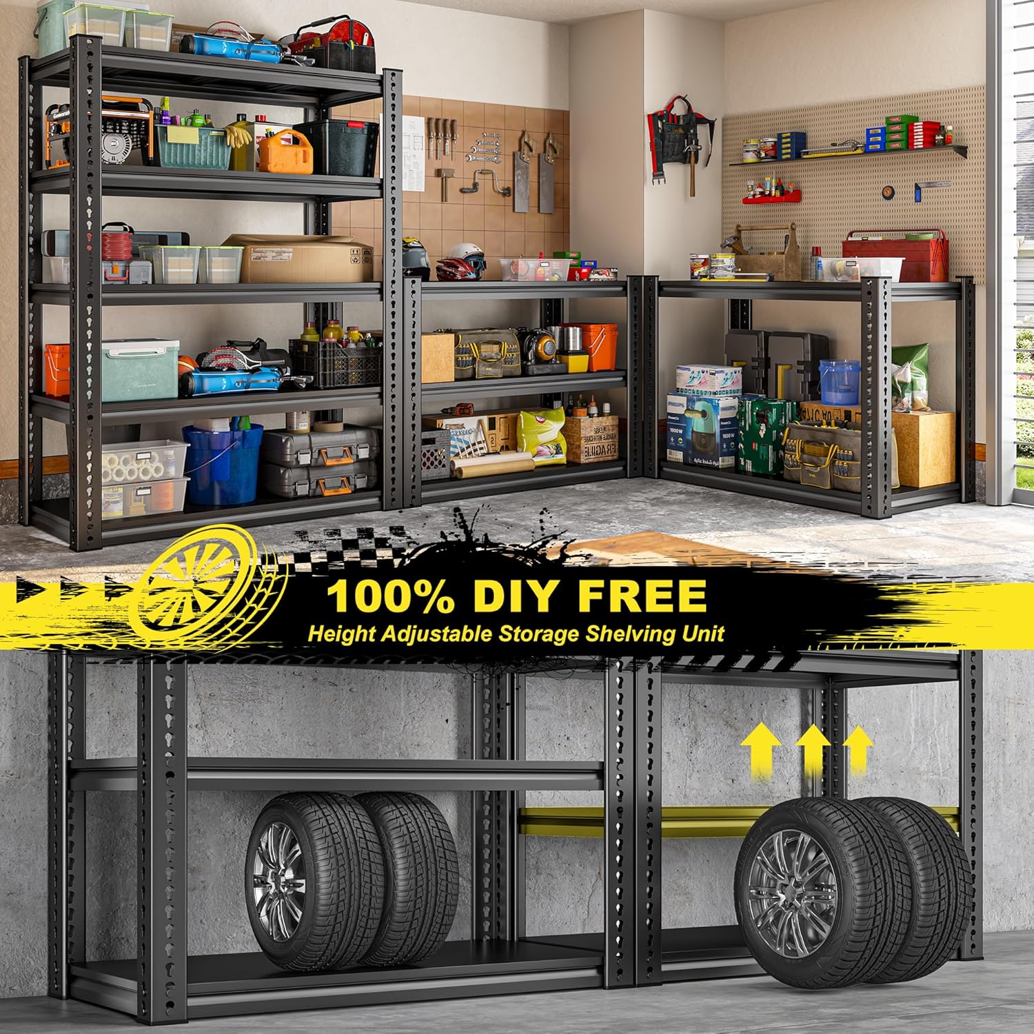 REIBII Garage Shelving Load 2000 LBS, Adjustable 5-Tier Storage Shelves, Metal Shelving Units and