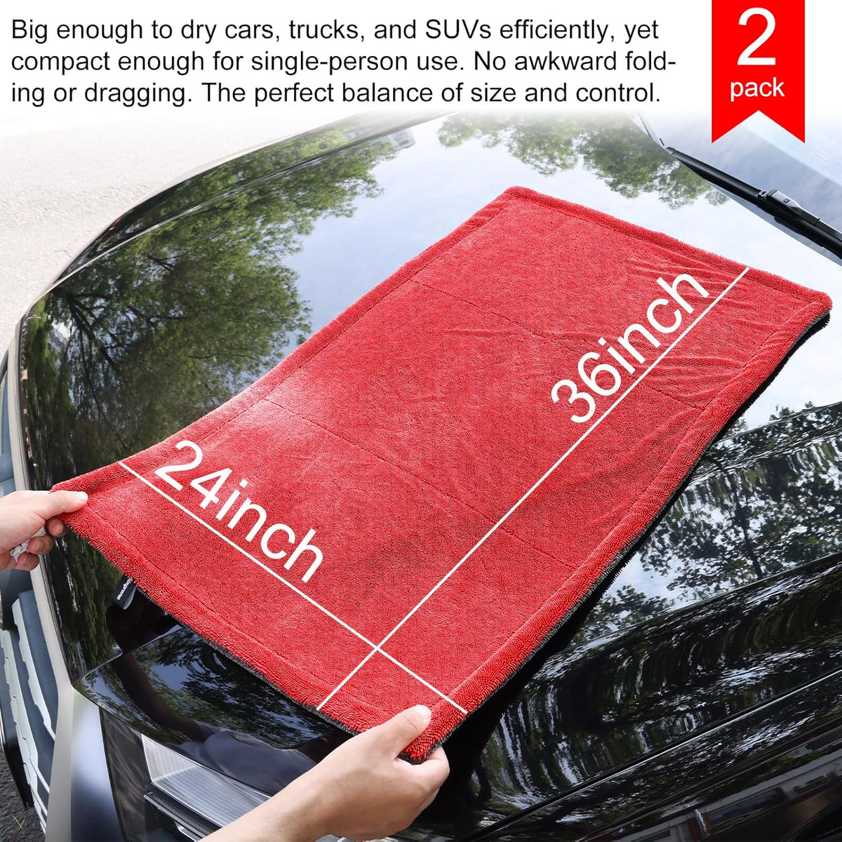 2 Pack XL Car Drying Towel – 1300GSM Ultra Absorbent Microfiber, 24"x36" Large Size, Twisted Loop