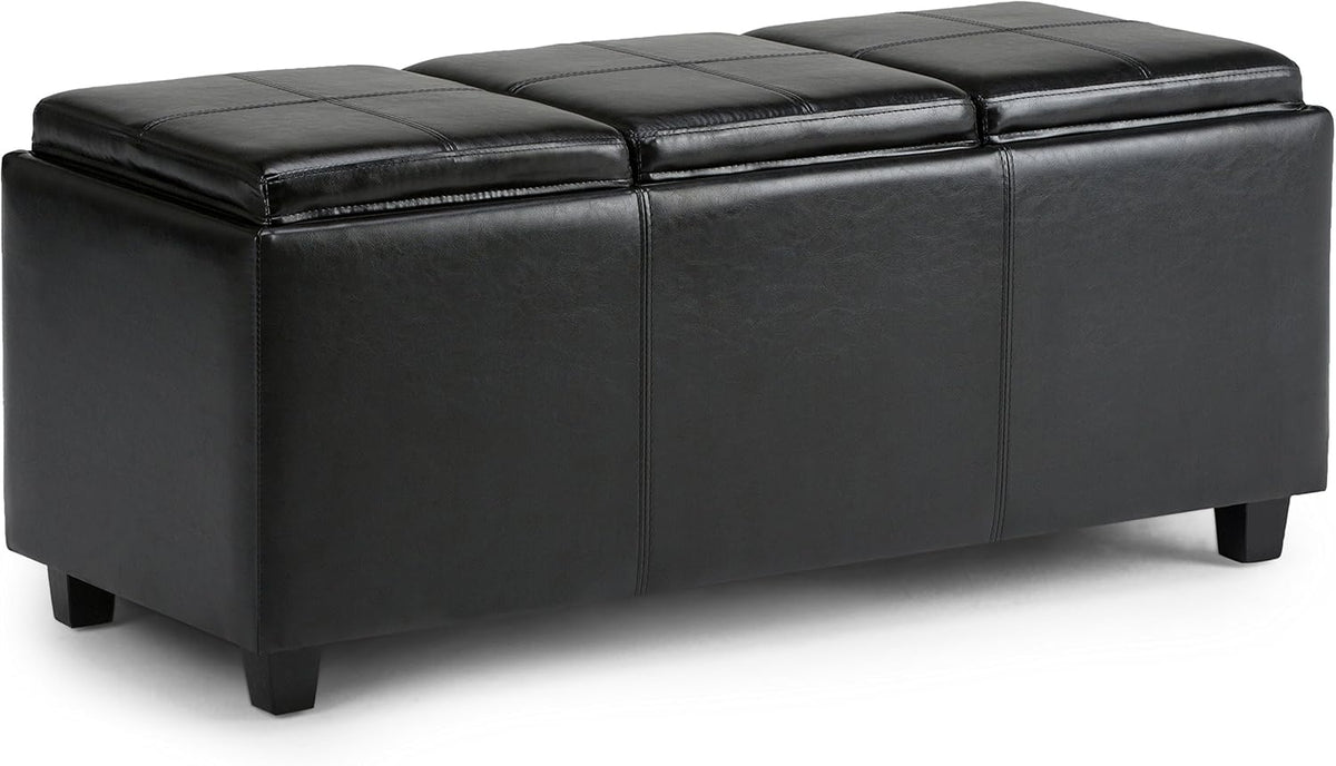 SIMPLIHOME Avalon 42 inch Wide Contemporary Rectangle Storage Ottoman in Midnight Black Vegan Faux