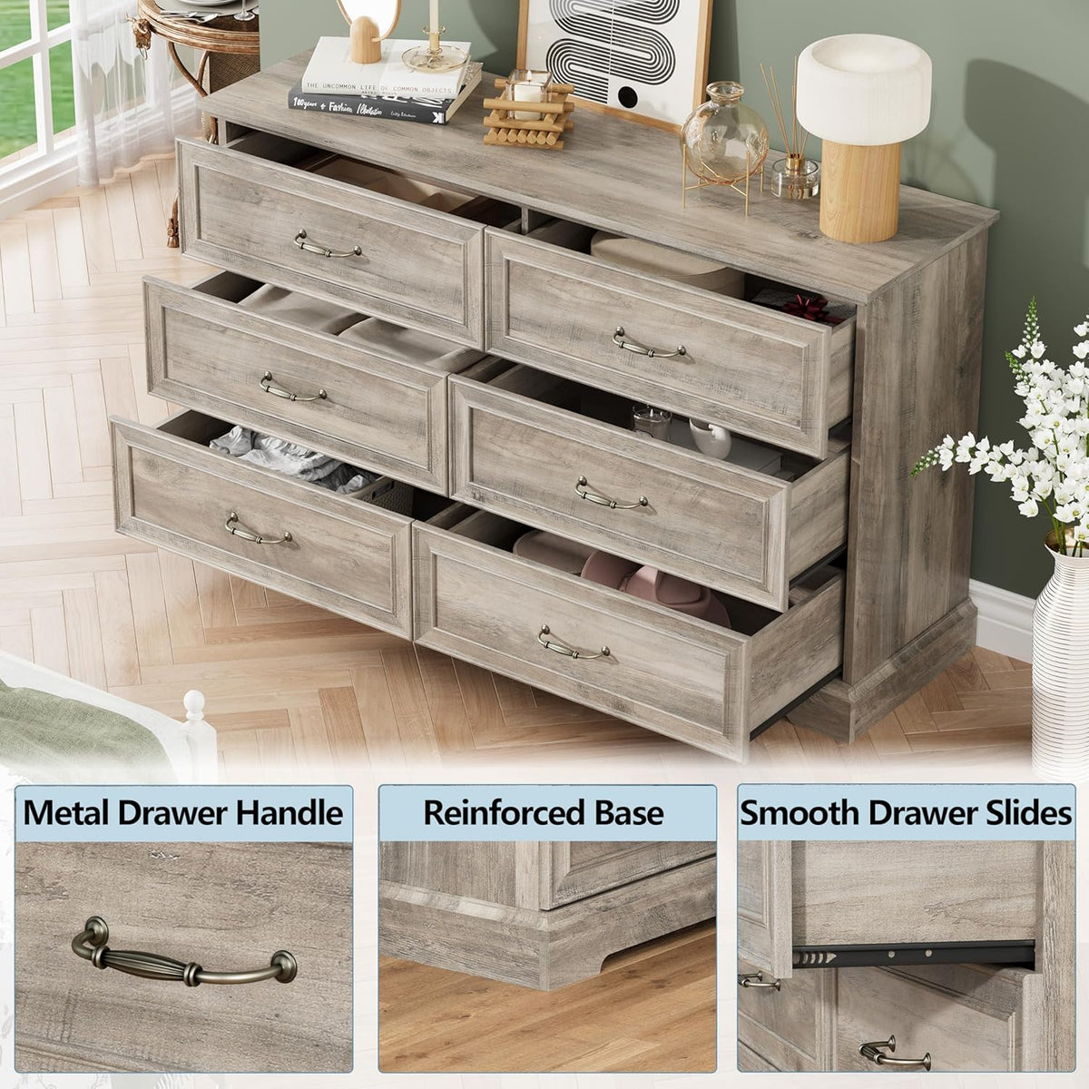 6 Drawer Dresser for Bedroom, 53" Wide Wooden Chest of Drawers, Rustic Farmhouse Dresser with Large