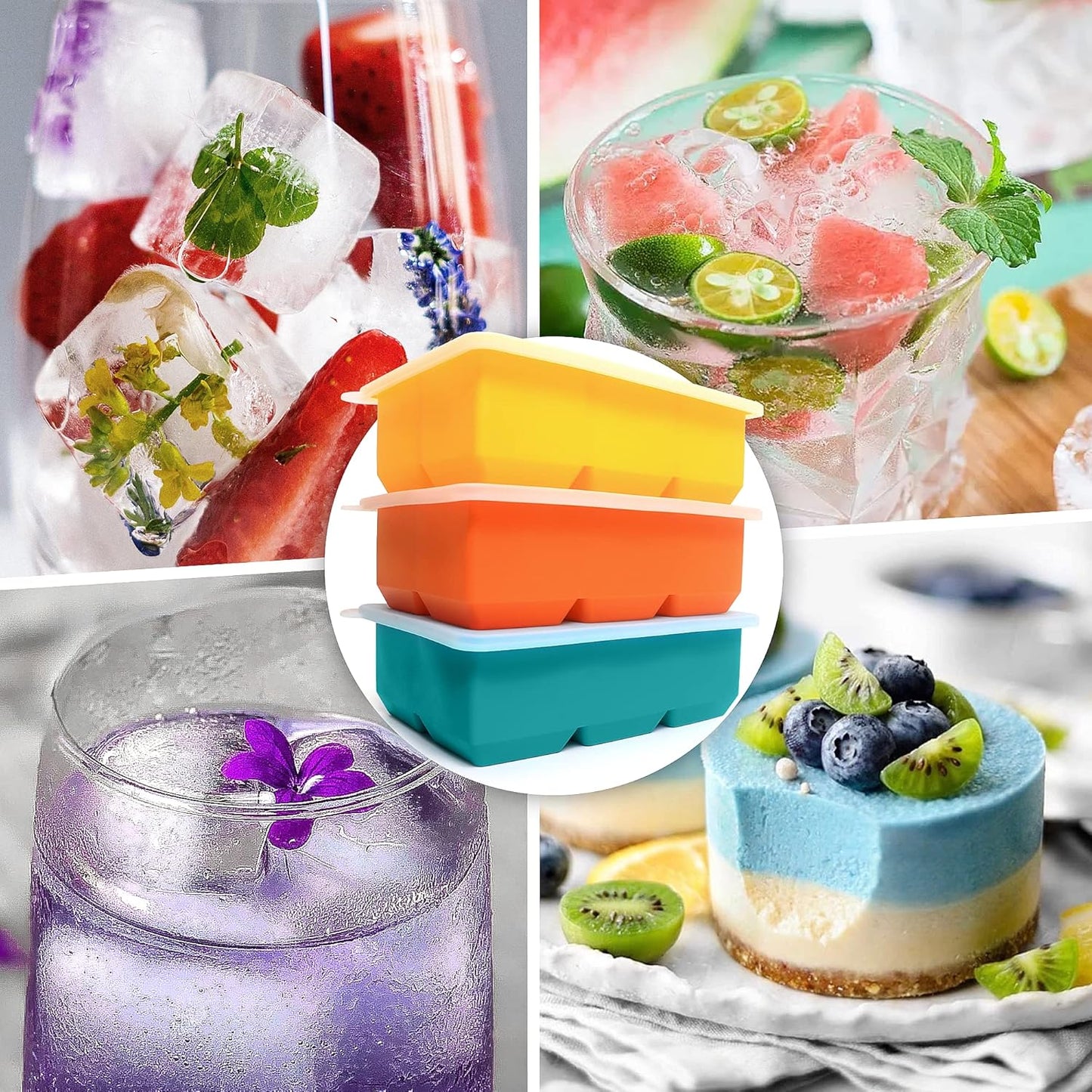 Silicone Ice Cube Trays 3 Pack - Large Size Silicone Ice Cube Molds with Leak Proof Removable Lid