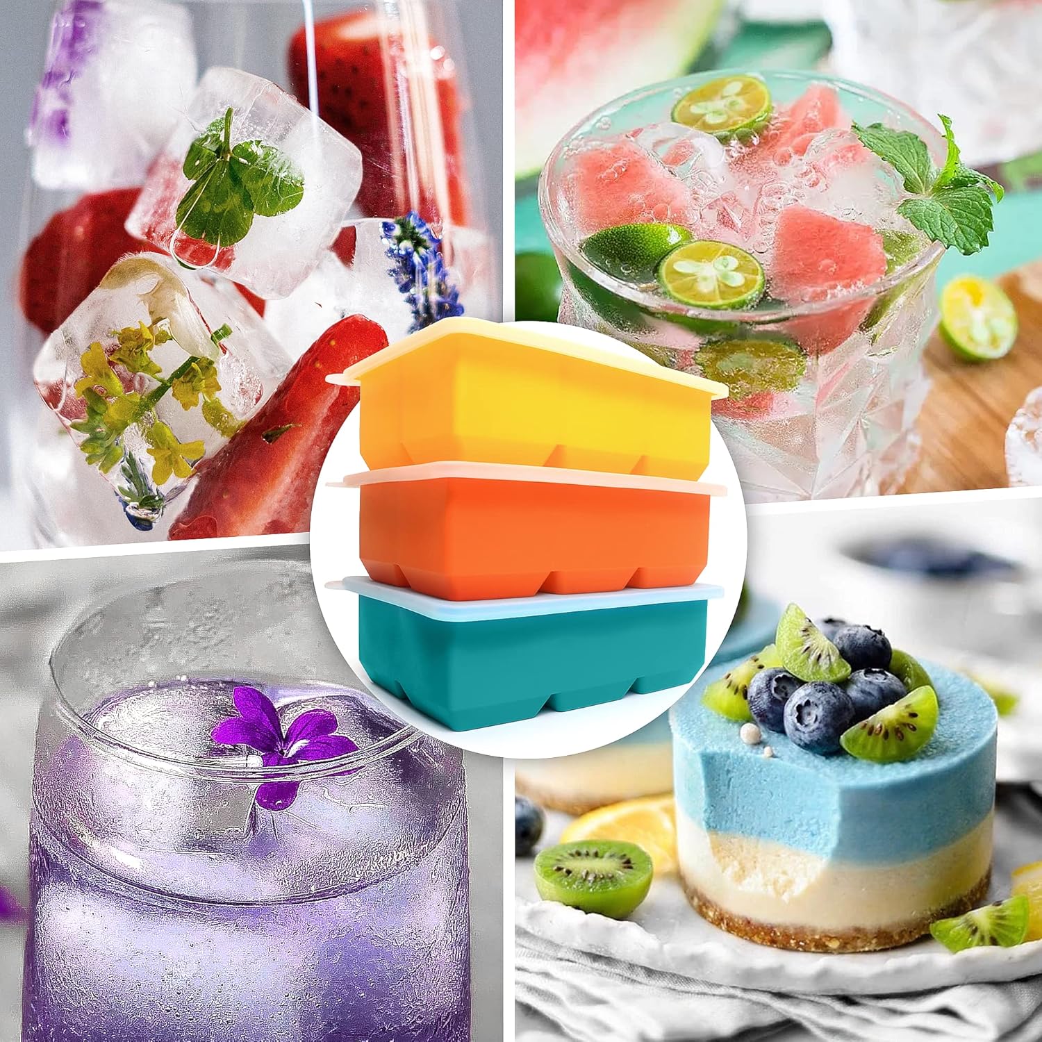 Silicone Ice Cube Trays 3 Pack - Large Size Silicone Ice Cube Molds with Leak Proof Removable Lid