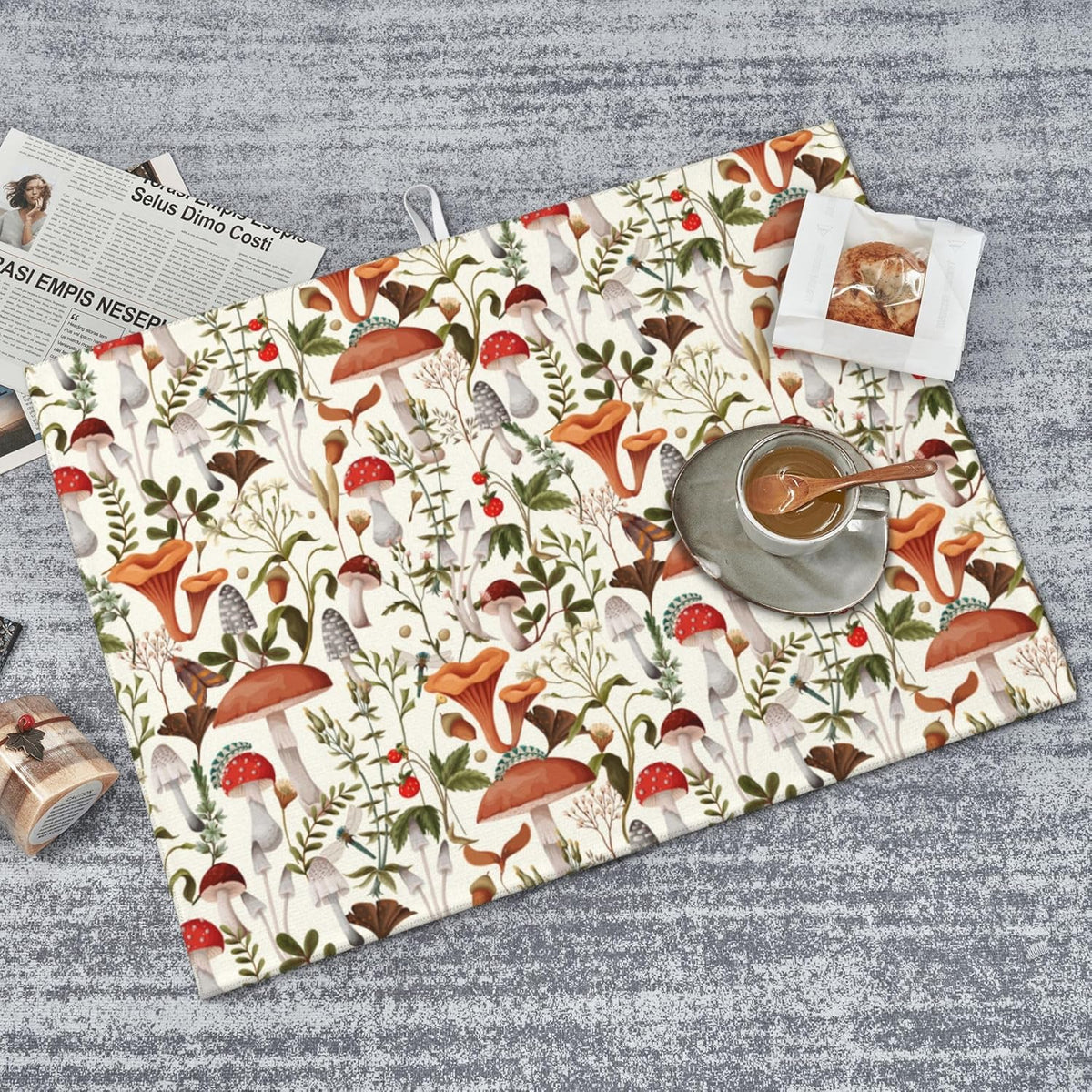 Boho Mushroom Decor Microfiber Dish Drying Mat for Kitchen Counter 18"x24" Botanic Plant Beige