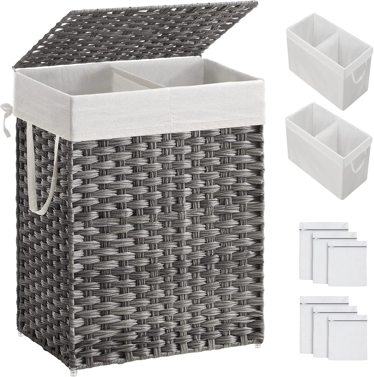 SONGMICS Laundry Hamper with Lid, 90L Clothes Hamper with 2 Removable Liner Bags, 6 Mesh Bags
