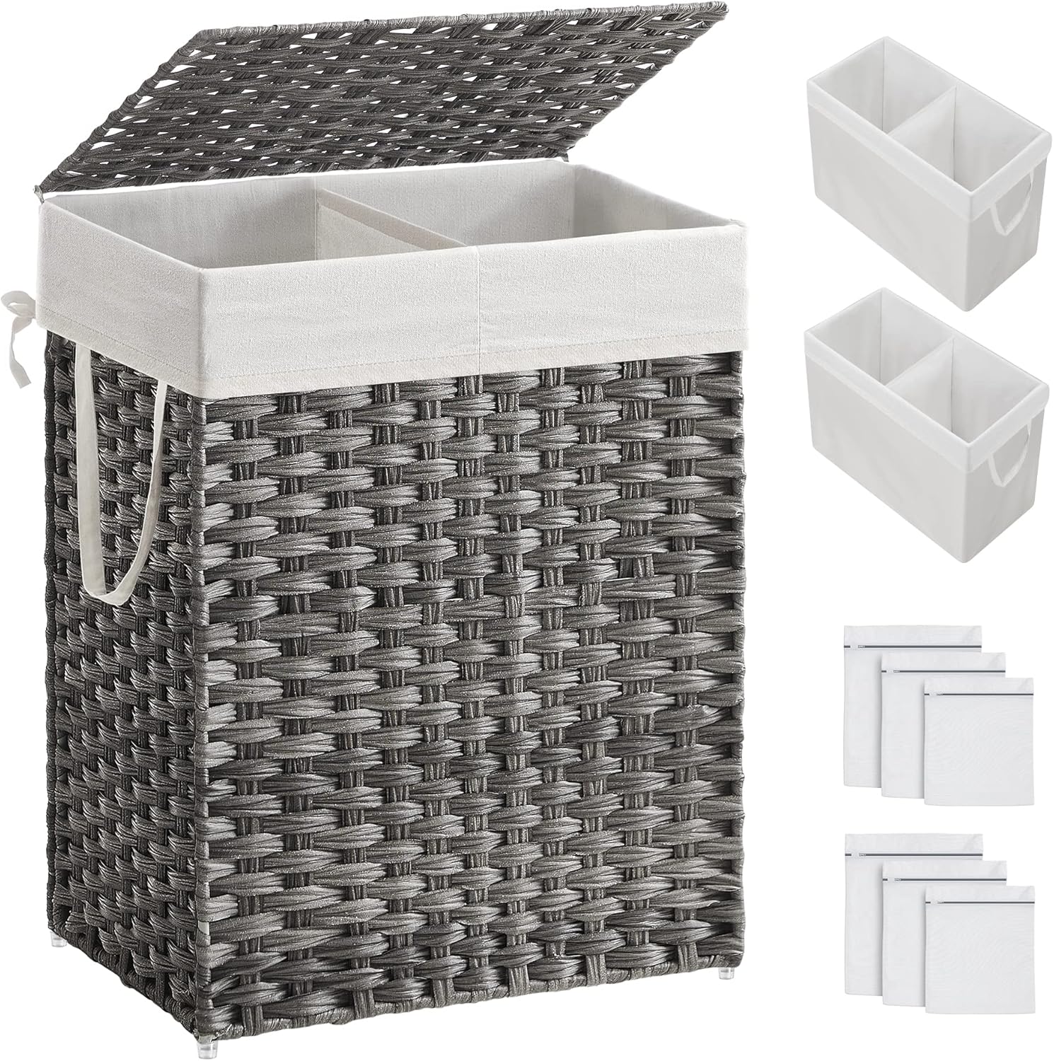 SONGMICS Laundry Hamper with Lid, 90L Clothes Hamper with 2 Removable Liner Bags, 6 Mesh Bags