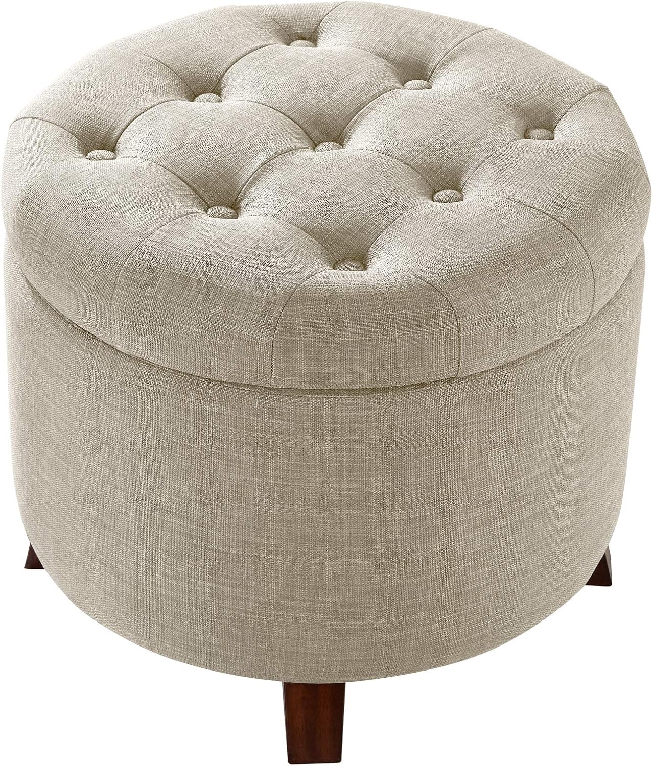 Amazon Basics Round Linen Ottoman with Storage, Tufted Upholstered Footstool for Living Room and