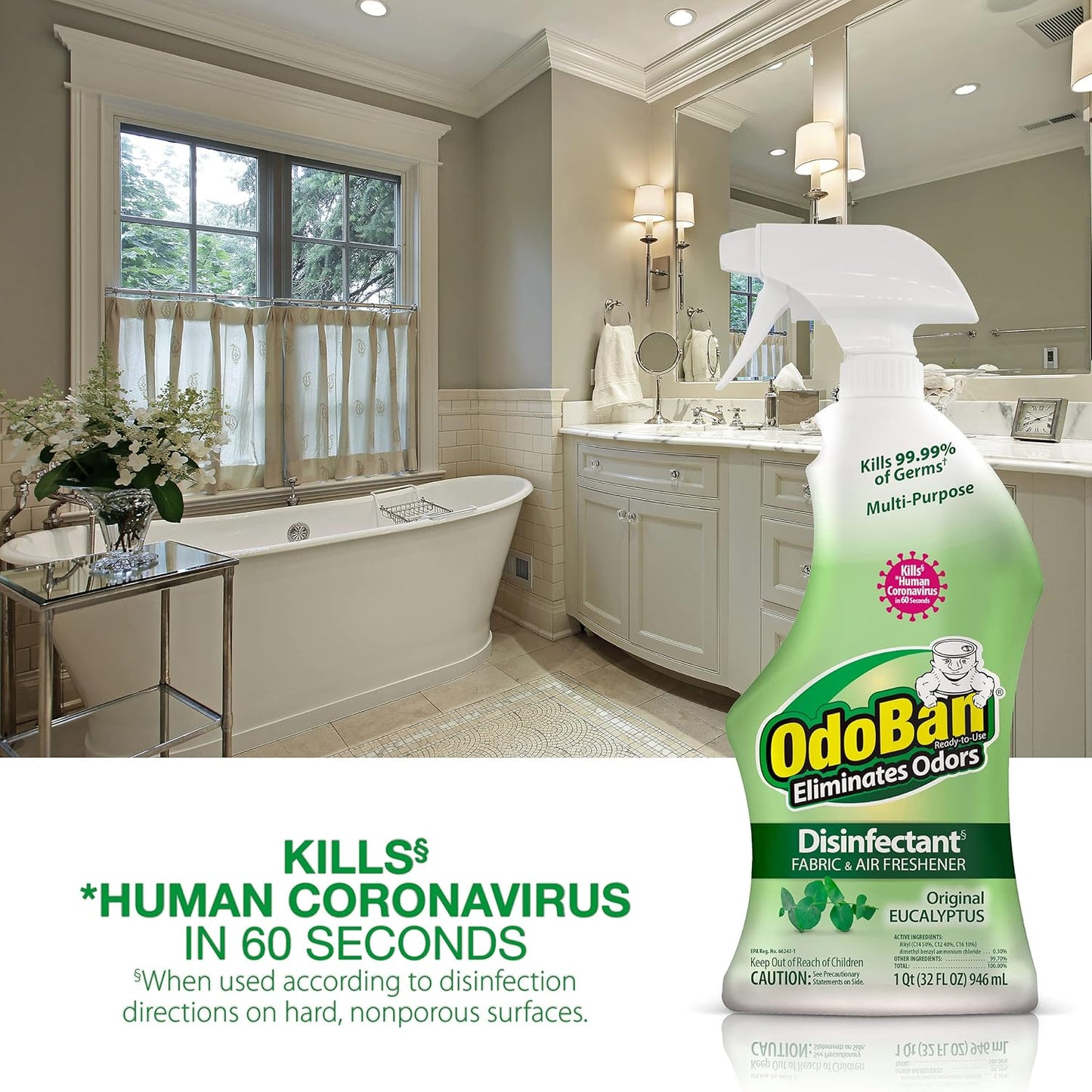 OdoBan Ready-to-Use Disinfectant and Odor Eliminator, Set of 3 Spray Bottles, Made in the USA