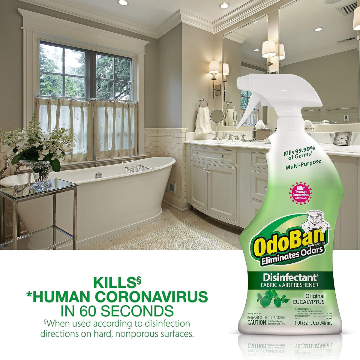 OdoBan Ready-to-Use Disinfectant and Odor Eliminator, Set of 3 Spray Bottles, Made in the USA