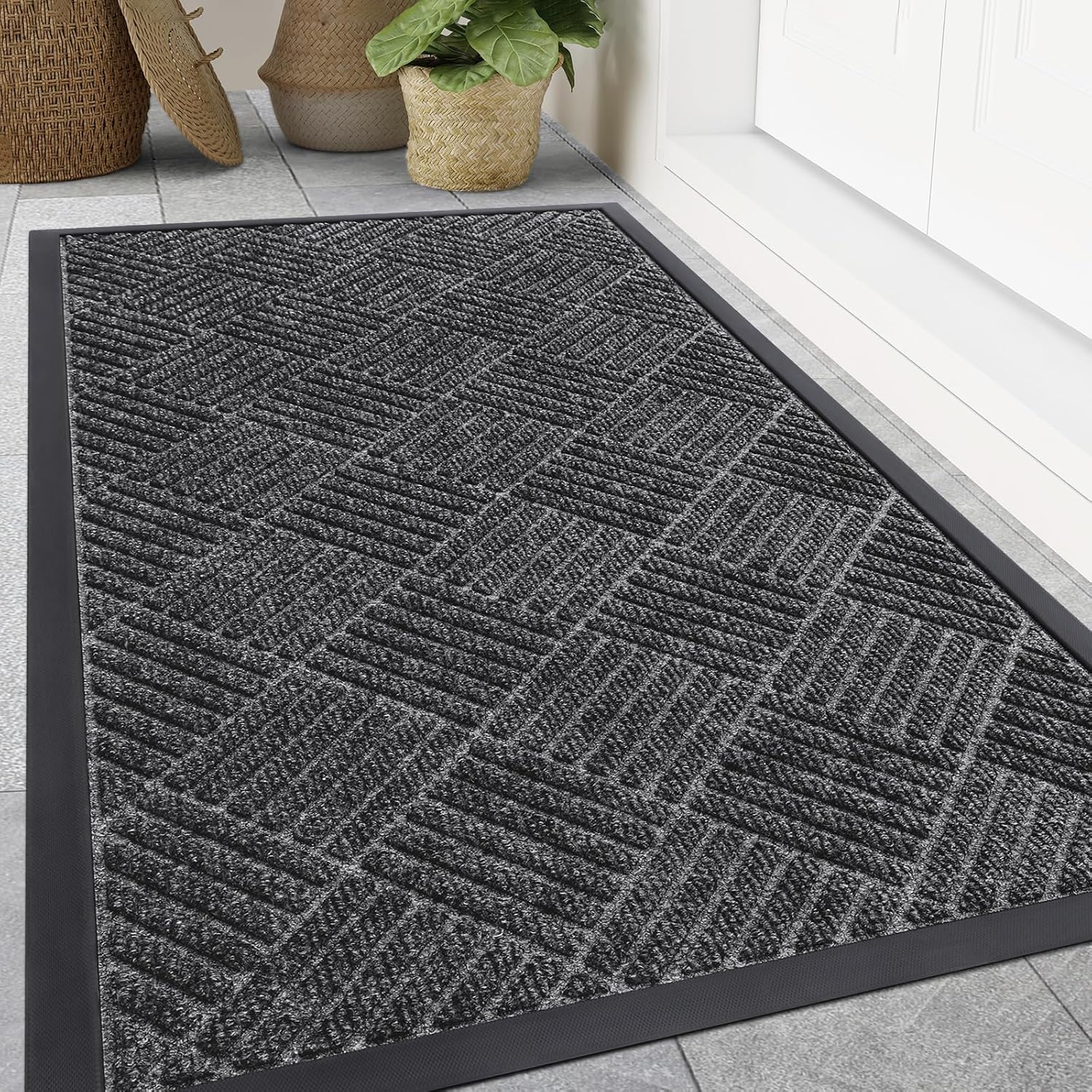 Smiry Front Door Mat Outside Entrance, Heavy Duty Outdoor Indoor Natural Rubber Doormat, Non Slip