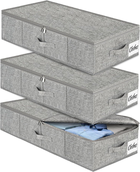 Under Bed Storage Container Bin 3 Pack, Low Profile Foldable Underbed Clothes Storage Organizer W/