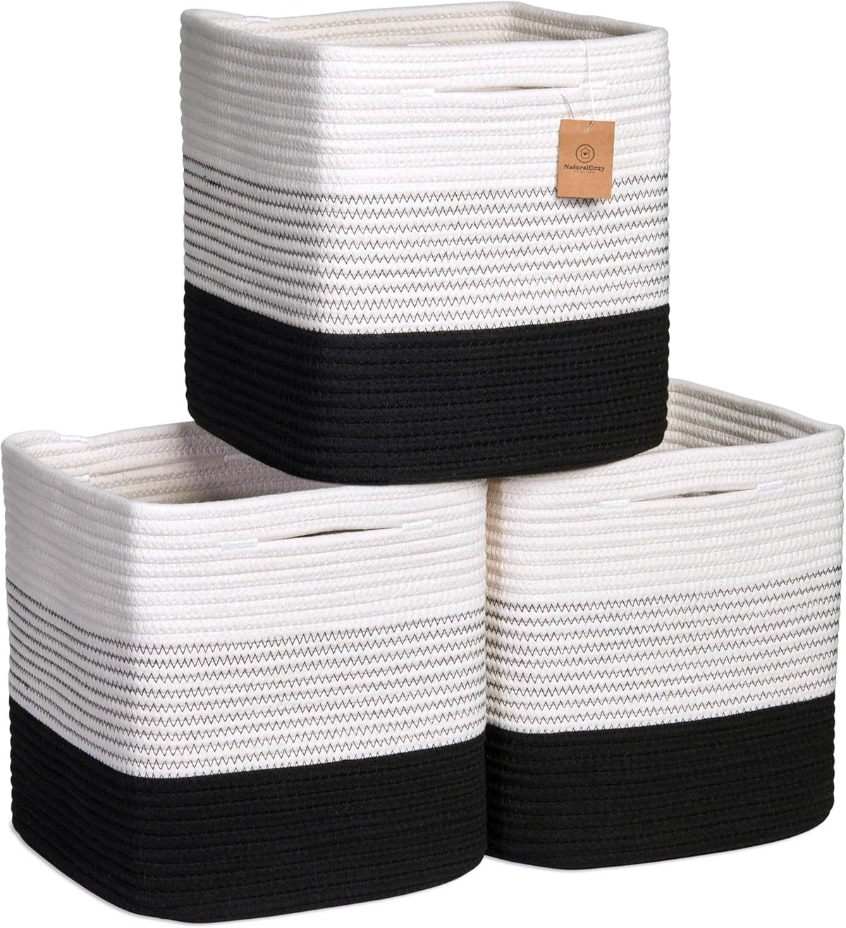 NaturalCozy Storage Cubes 11 Inch Cotton Rope Woven Baskets for Organizing, 3-Pack | Cube Storage