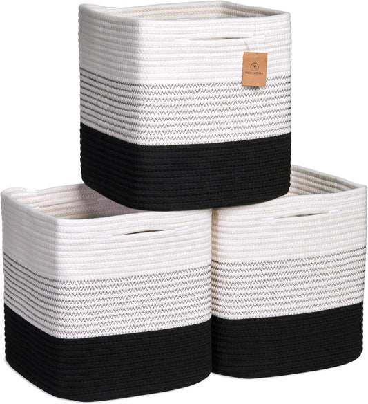 NaturalCozy Storage Cubes 11 Inch Cotton Rope Woven Baskets for Organizing, 3-Pack | Cube Storage