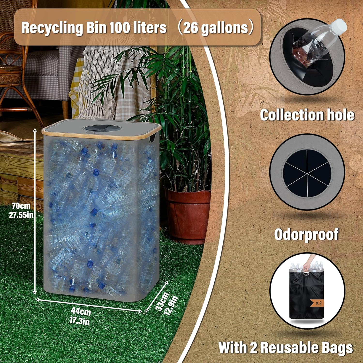 efluky Recycle Bin 26 Gallon, 100L Recycle Bin for Kitchen with 2 Removeable and Reusable Inner