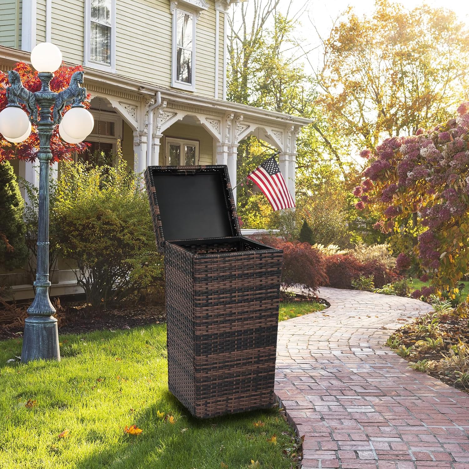 VINGLI Wicker Patio Trash Can, 27 Gallon Rattan Trash Can with Removable Lid, Outdoor Wicker Waste