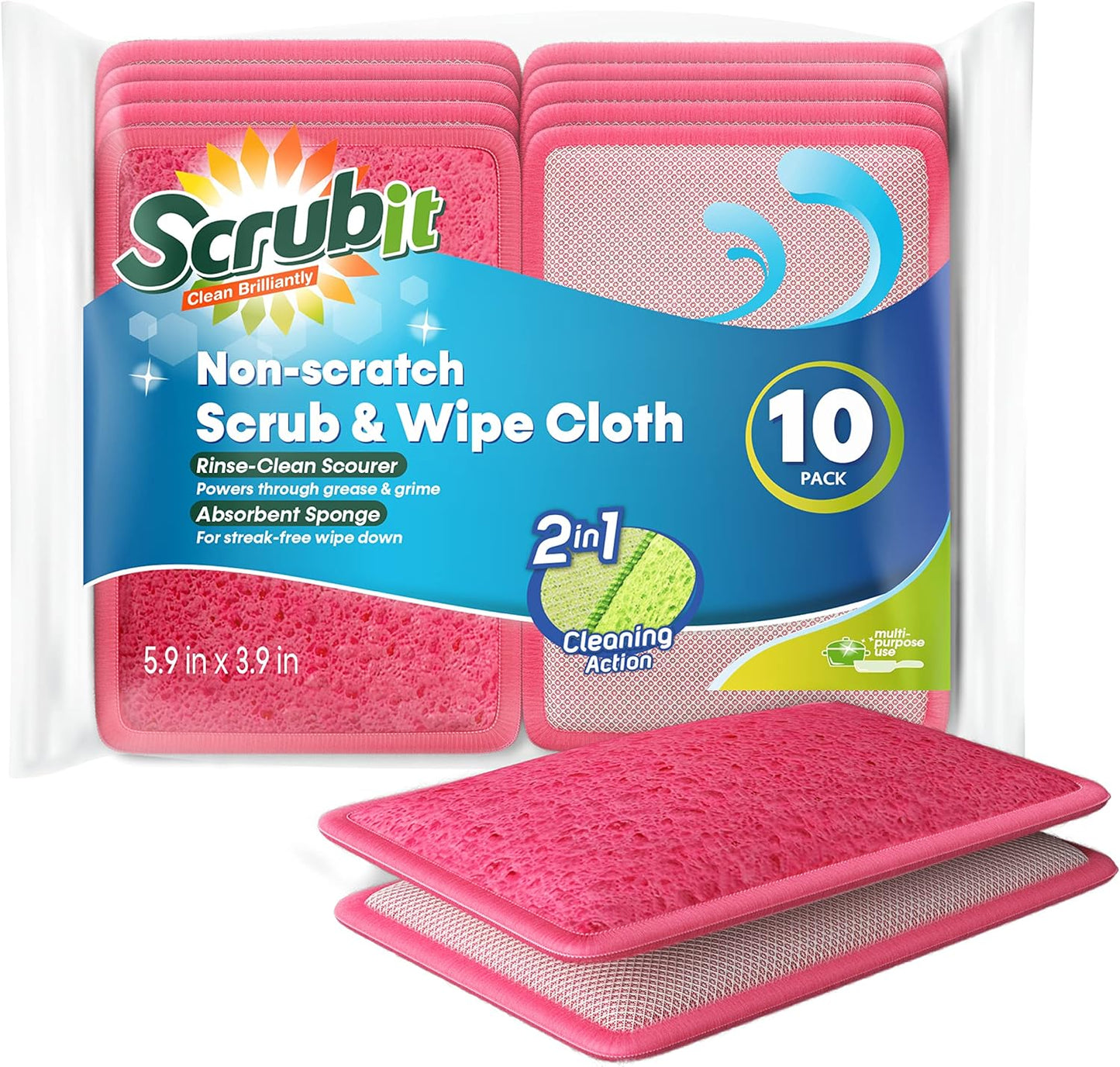 Scrub and Wipe Scrubbing Pads [10 Pack] – SCRUBIT Dual Sided Scouring Pad and Sponge - Reusable